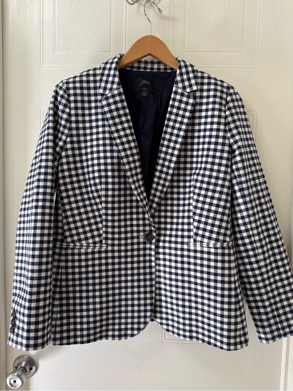 J. Crew Navy and White Gingham Single-Button Blazer